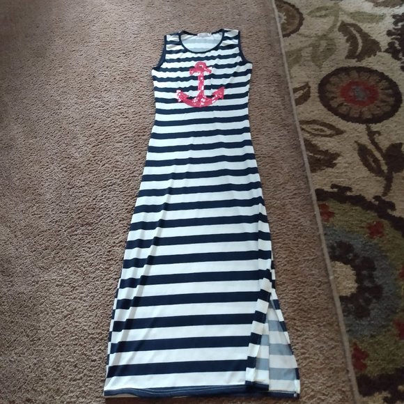 Vogue Fashion Stretchy Sequin Nautical Anchor Striped Maxi Dress Large USA - Picture 1 of 10